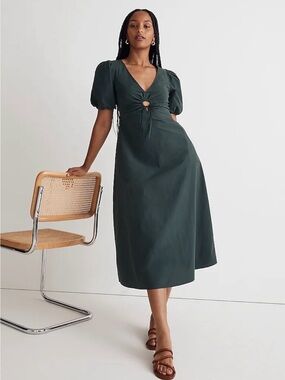 Madewell NWT Puff-Sleeve Midi Dress with Front Keyhole in Deep Green